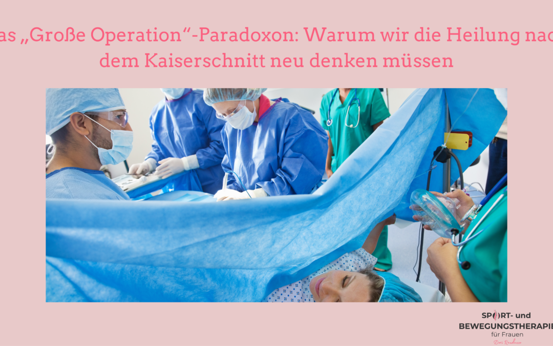 Frau umrundet von OP-Team, bereit für Kaiserschnitt